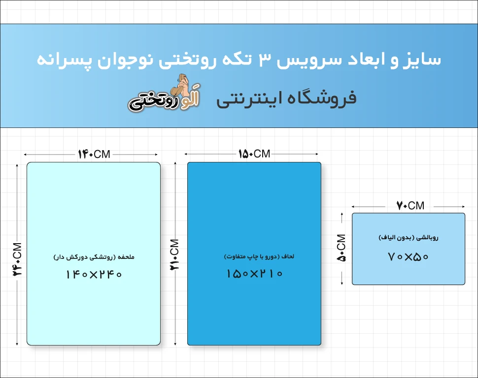 اینفوگرافیک ابعاد استاندارد روتختی یک نفره پسرانه برای تخت ۹۰ و ۱۲۰ سانتیمتر.